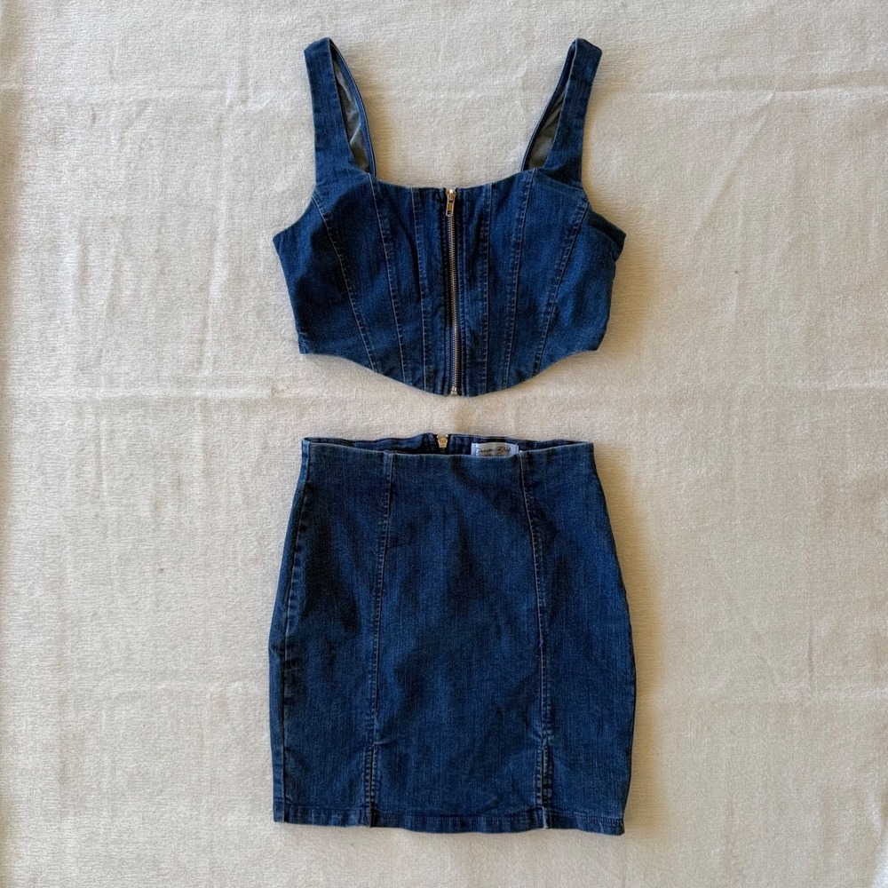 Denim Blvd Denim Corset Top + Skirt Set Size Small Y2K Fitted Zip Front Festival